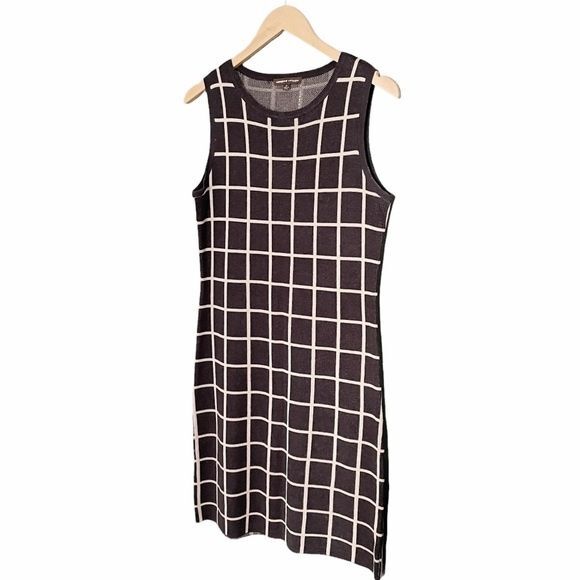 Adrienne Vittadini Sweater Knit Dress Gray Cream Windowpane Plaid Size Medium - Picture 9 of 11